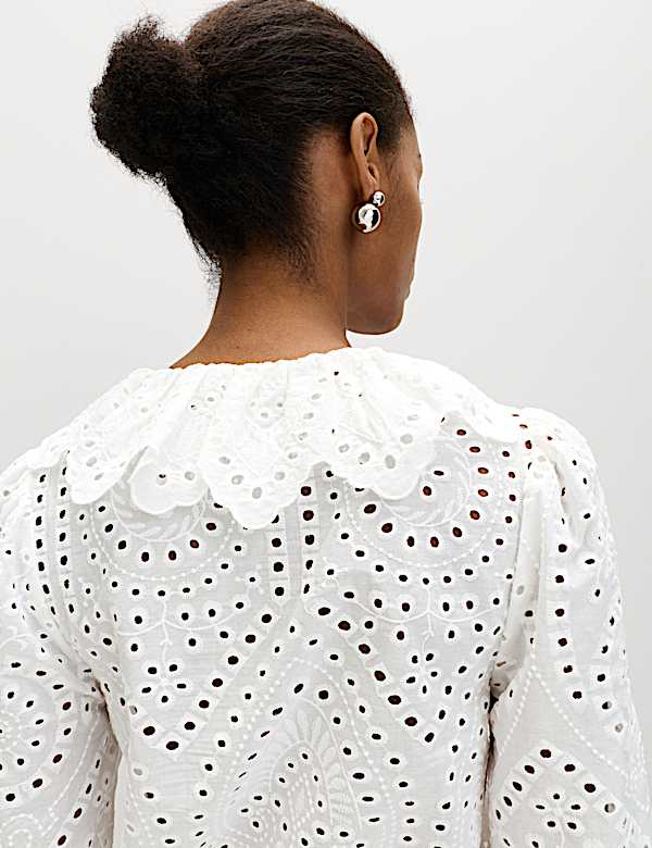 Pure Cotton Broderie Tie Front Blouse - DK