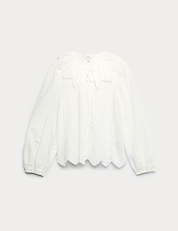 Pure Cotton Broderie Tie Front Blouse - DK