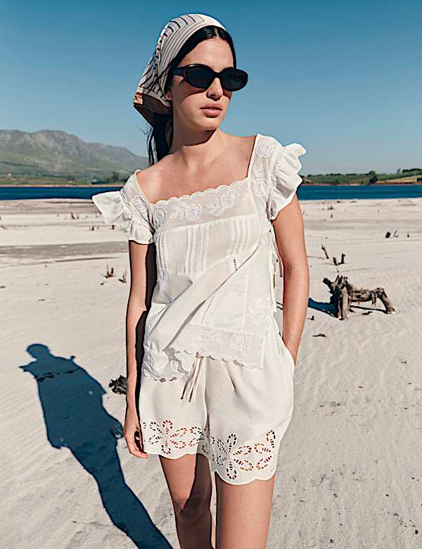 Pure Cotton Lace Bib Detail Embroidered Top | SOFT WHITE | Tops