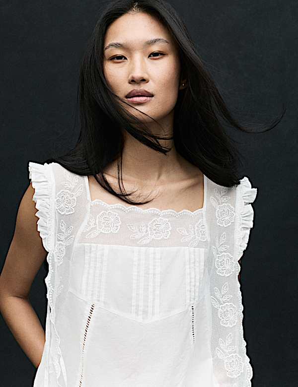 Pure Cotton Lace Bib Detail Embroidered Top - UA