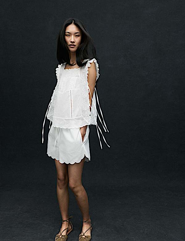 Pure Cotton Lace Bib Detail Embroidered Top - UA