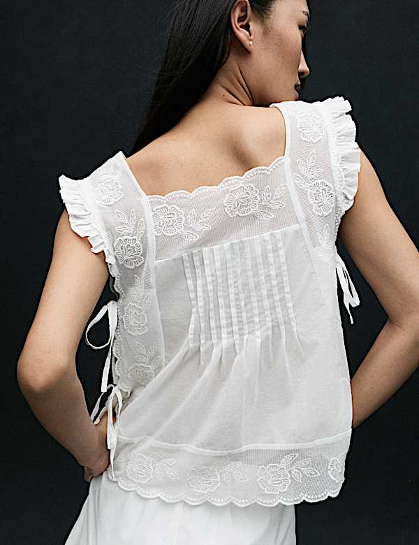 Pure Cotton Lace Bib Detail Embroidered Top - UA