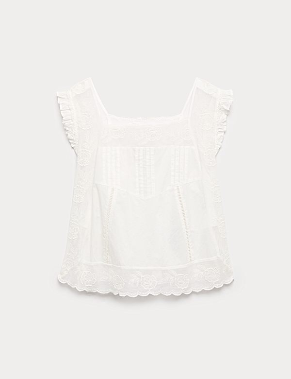 Pure Cotton Lace Bib Detail Embroidered Top - UA
