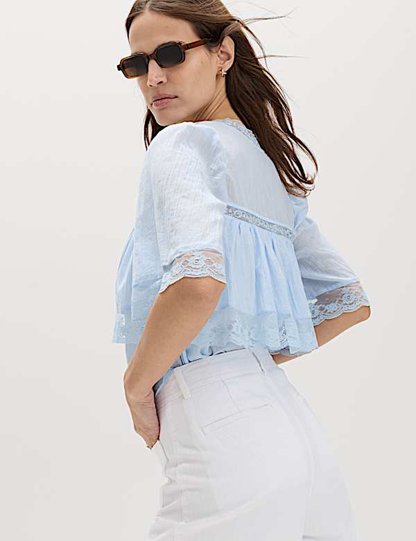 Pure Cotton V-Neck Lace Insert Blouse