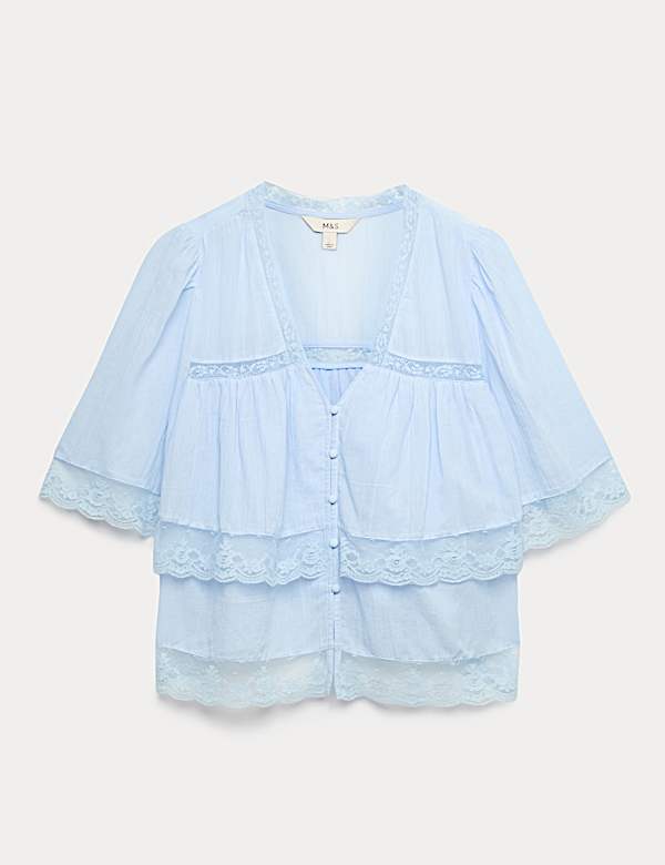 Pure Cotton V-Neck Lace Insert Blouse - HR
