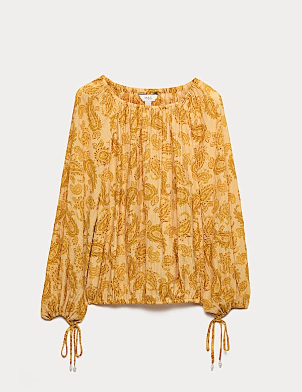 Gestreepte blouse met pliss&eacute; en strikdetail - BE