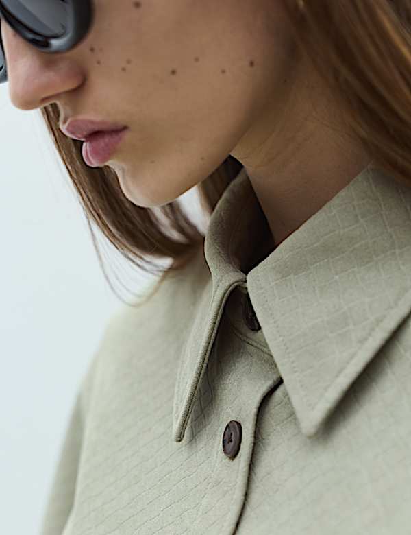 Faux Suede Basket Weave Collared Shirt - LU