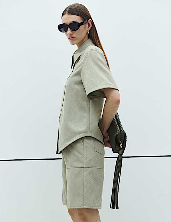 Faux Suede Basket Weave Collared Shirt - LU