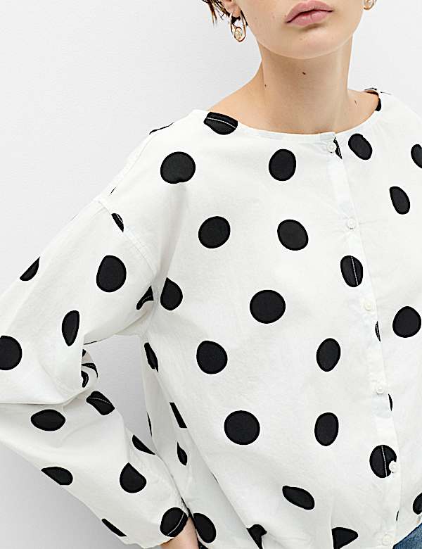 Pure Cotton Polka Dot Barrel Sleeve Blouse