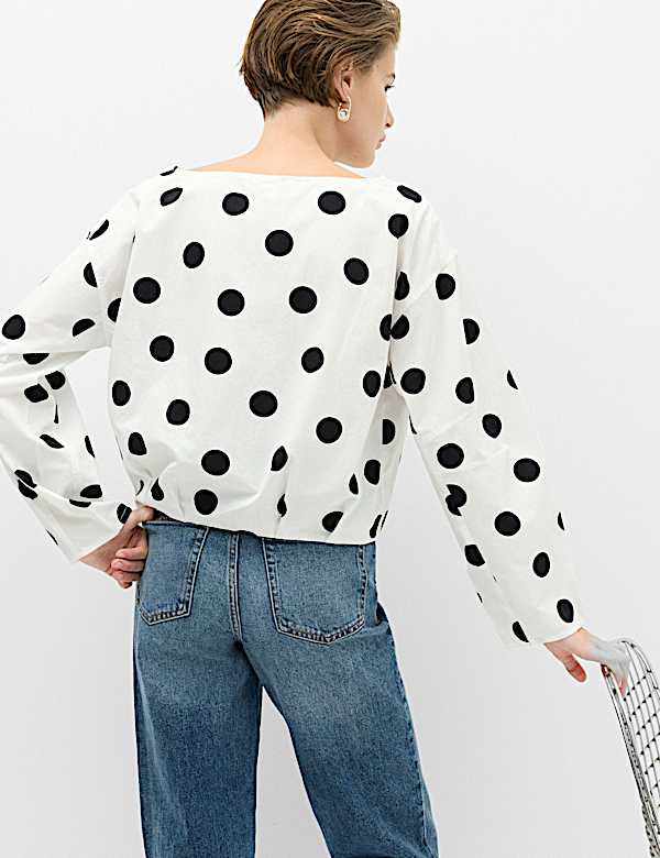 Pure Cotton Polka Dot Barrel Sleeve Blouse