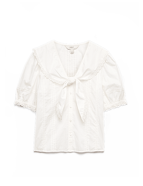 Pure Cotton Broderie Sailor Collar Tie Detail Blouse
