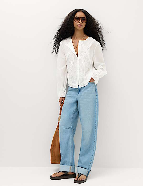 Cotton Rich Embroidered Ruffle Detail Top - AT