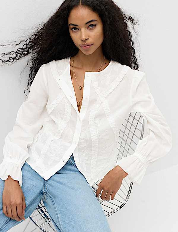 Cotton Rich Embroidered Ruffle Detail Top - AT