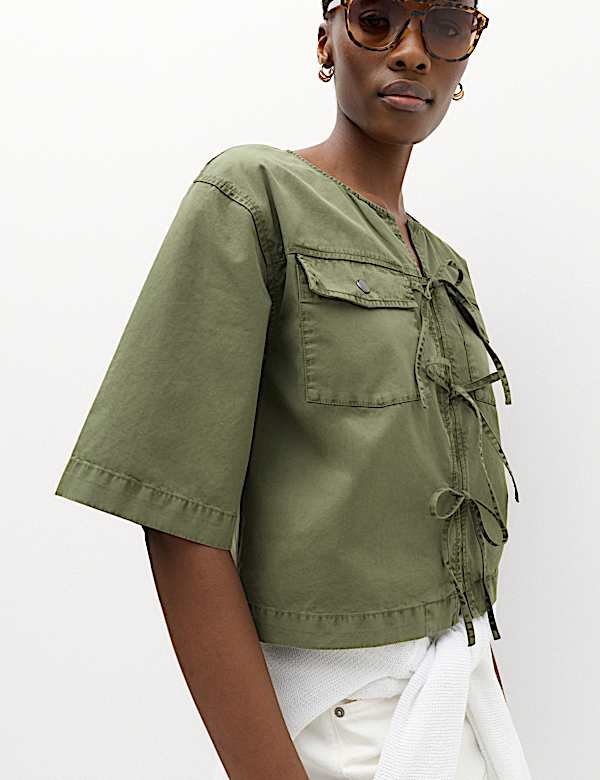 Pure Cotton Utility Tie Front Cropped Blouse - AT