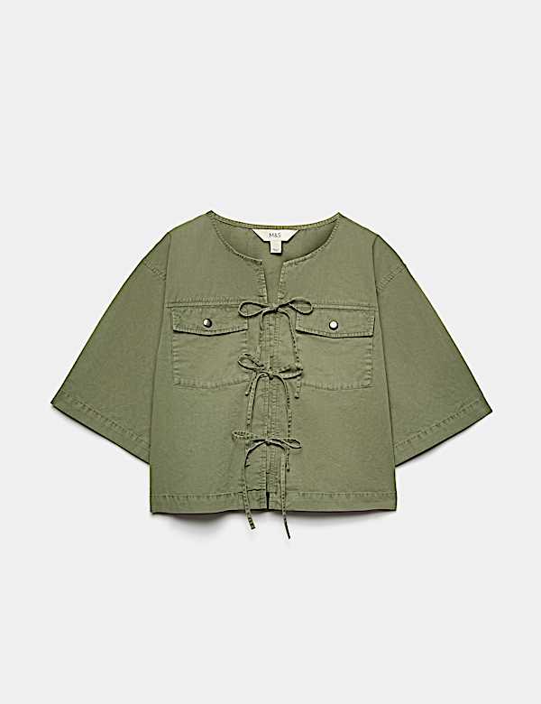 Pure Cotton Utility Tie Front Cropped Blouse - AT