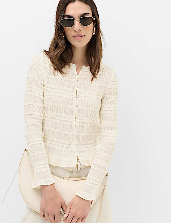 V Neck Ruffle Detail Button Through Blouse - DE