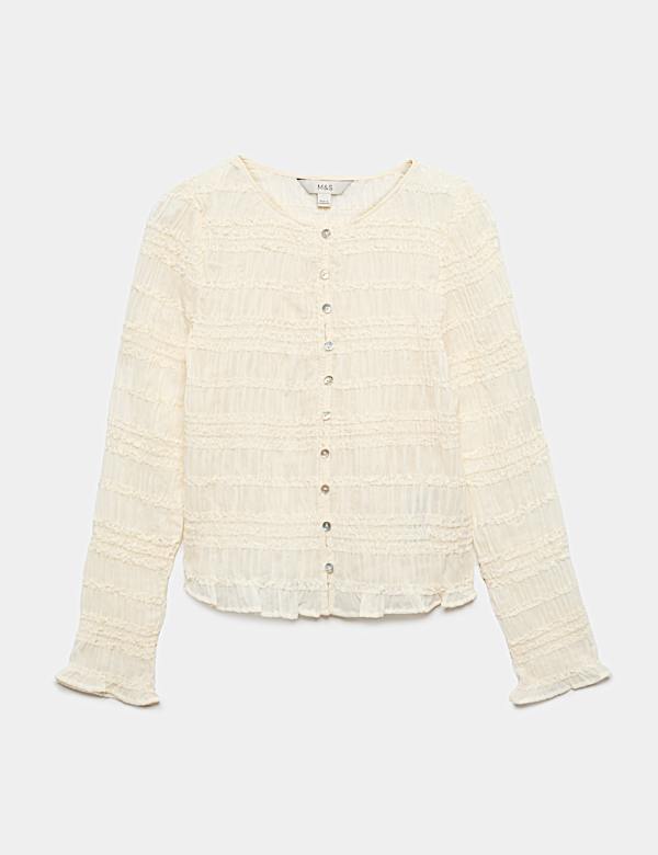 V Neck Ruffle Detail Button Through Blouse - DE