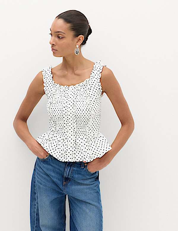 Pure Cotton Polka Dot Ruffle Detail Peplum Top