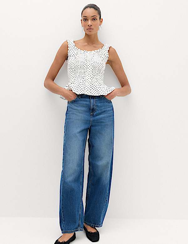 Pure Cotton Polka Dot Ruffle Detail Peplum Top