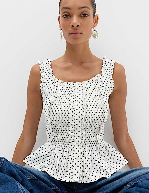 Pure Cotton Polka Dot Ruffle Detail Peplum Top
