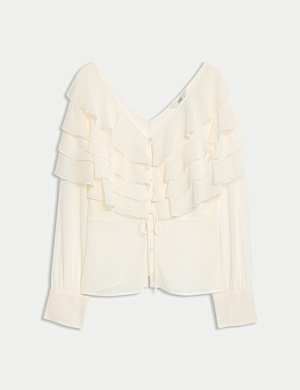 V-Neck Ruffle Tie Detail Button Through Blouse