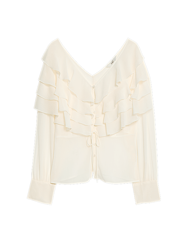 V-Neck Ruffle Tie Detail Button Through Blouse