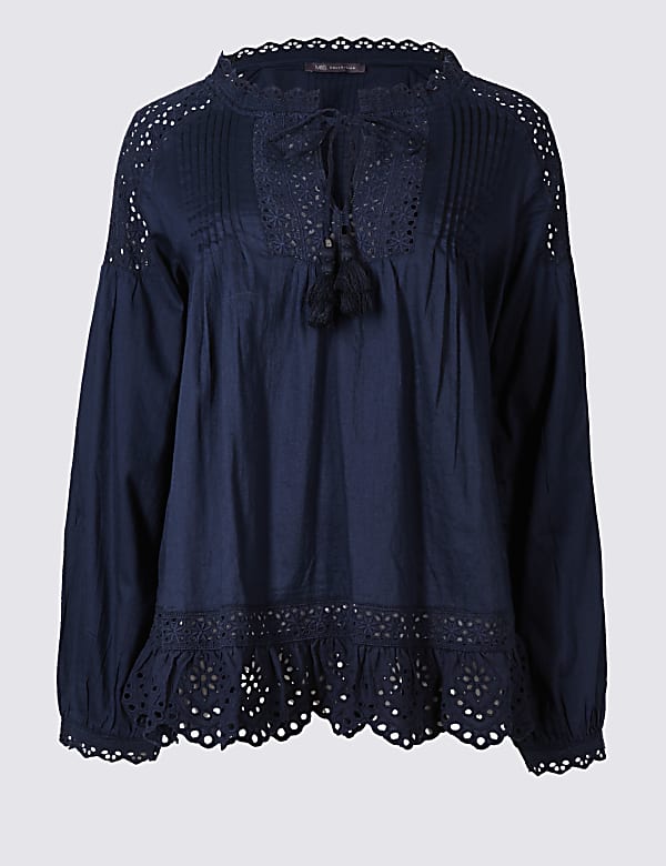 Pure Cotton Cutwork Peasant V-Neck Blouse - US