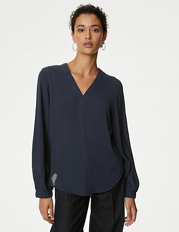 V Neck Popover Blouse NAVY Blouses M S GR