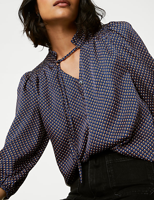 Printed Frill Neck Tie Front Popover Blouse