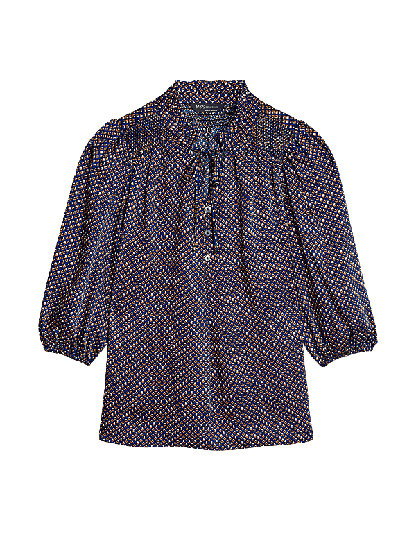 Printed Frill Neck Tie Front Popover Blouse