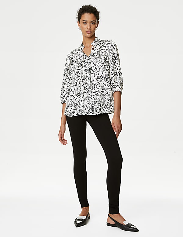 Printed Frill Neck Tie Front Popover Blouse