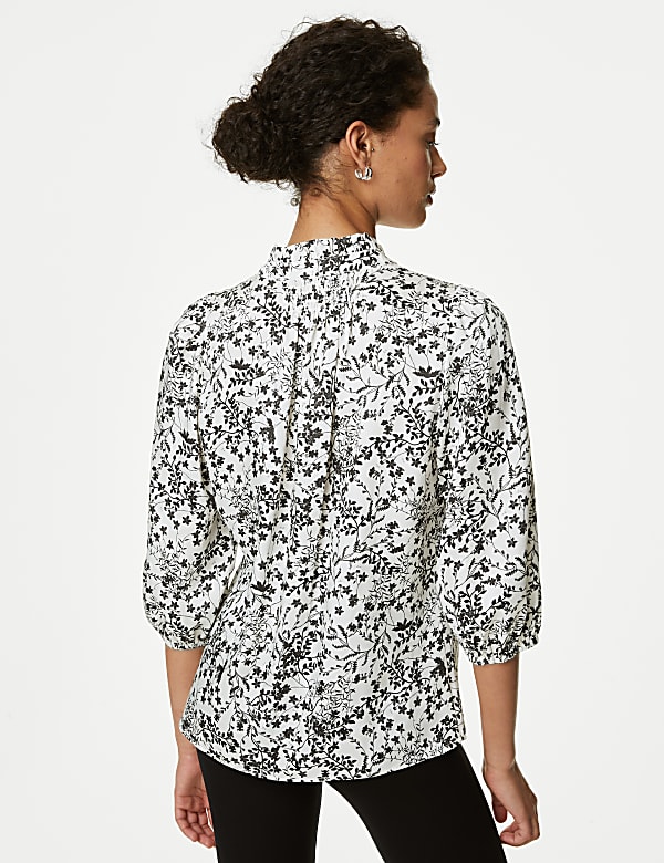 Printed Frill Neck Tie Front Popover Blouse