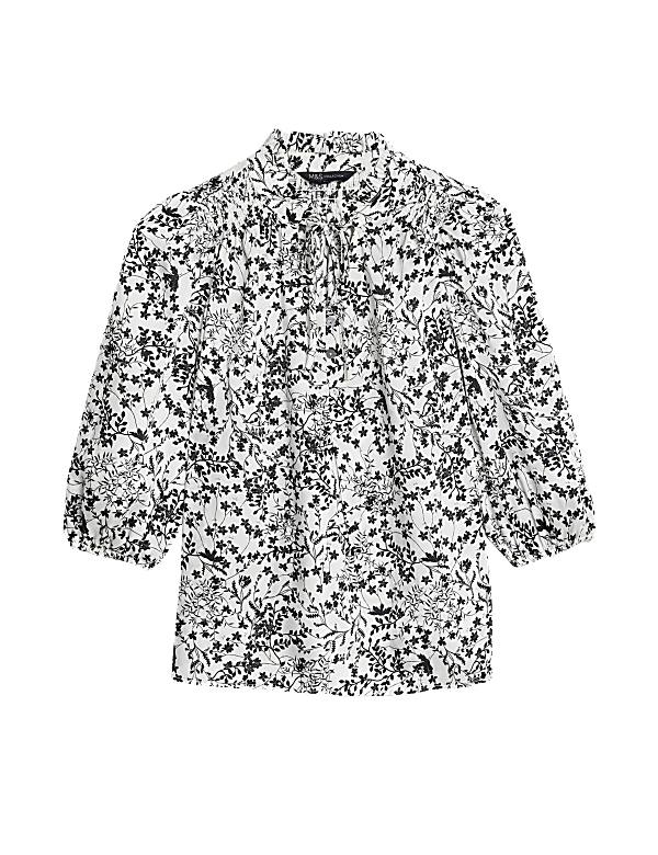 Printed Frill Neck Tie Front Popover Blouse