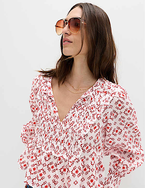 Cotton Rich Tie Neck Puff Sleeve Blouse