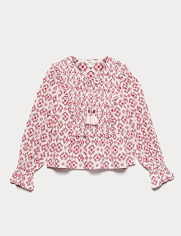 Cotton Rich Tie Neck Puff Sleeve Blouse