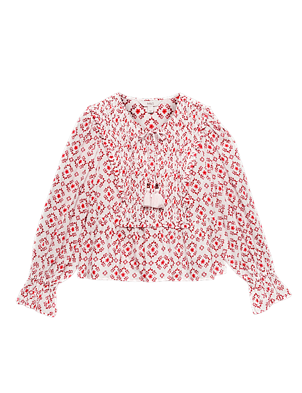 Cotton Rich Tie Neck Puff Sleeve Blouse