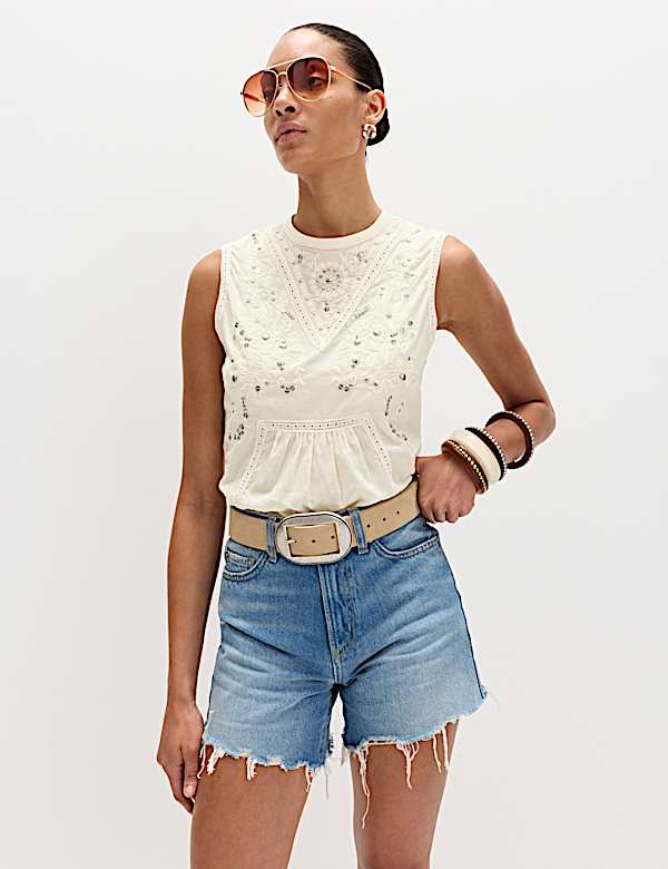 Pure Cotton Studded Embroidered Lace Trim Top