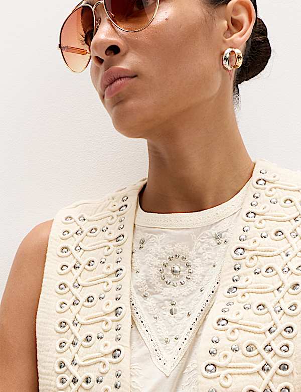 Pure Cotton Studded Embroidered Lace Trim Top