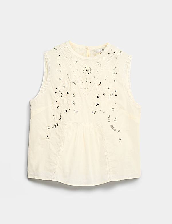 Pure Cotton Studded Embroidered Lace Trim Top - BG