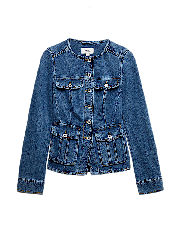 Denim Collarless Fitted Utility Jacket
