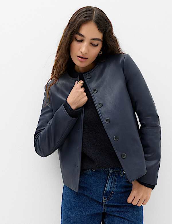 Faux Leather Collarless Jacket - AL