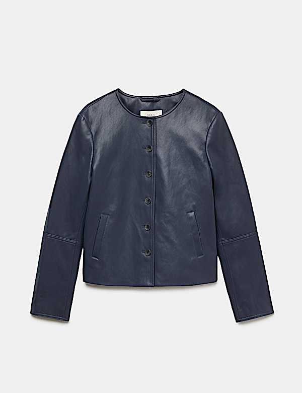 Faux Leather Collarless Jacket - AL