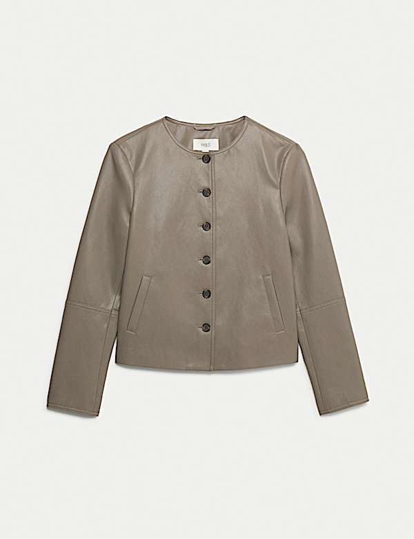 Faux Leather Collarless Jacket - GR