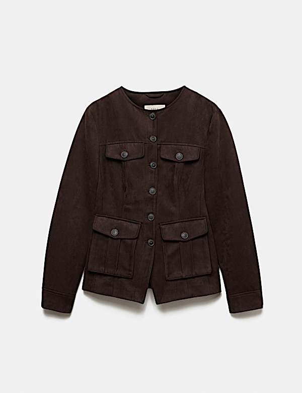 Suedette Colarless Utility Jacket - VN