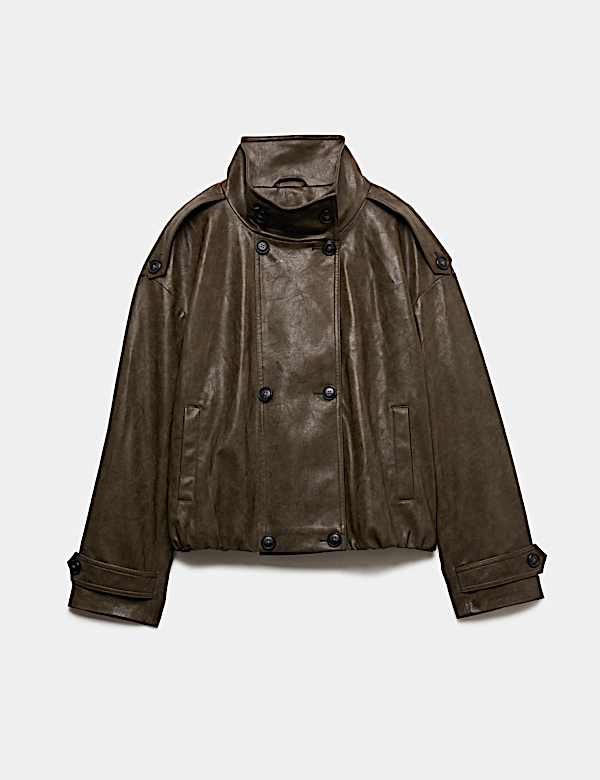 Faux Leather Funnel Neck Biker Jacket - KG