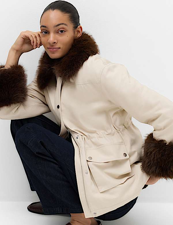 Pure Cotton Waisted Faux Fur Trim Parka - RS