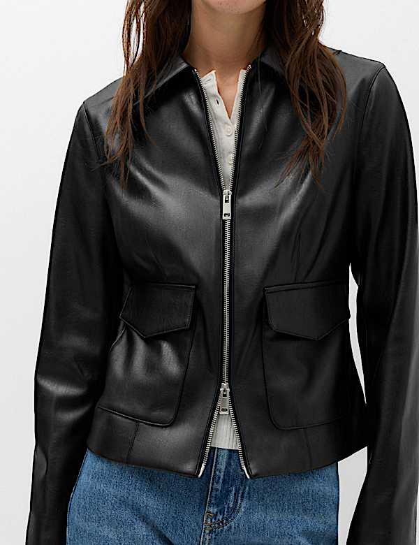 Faux Leather Zip Through Harrington Jacket - KR