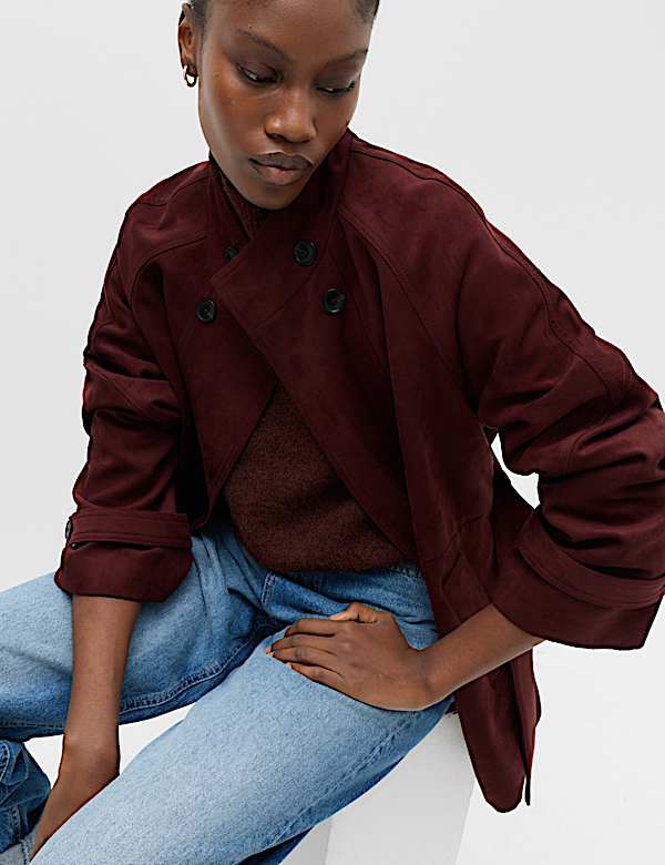 Suedette Funnel Neck Short Trench Coat - JO