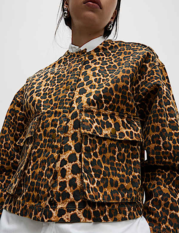 Denim Leopard Print Collarless Jacket - CZ