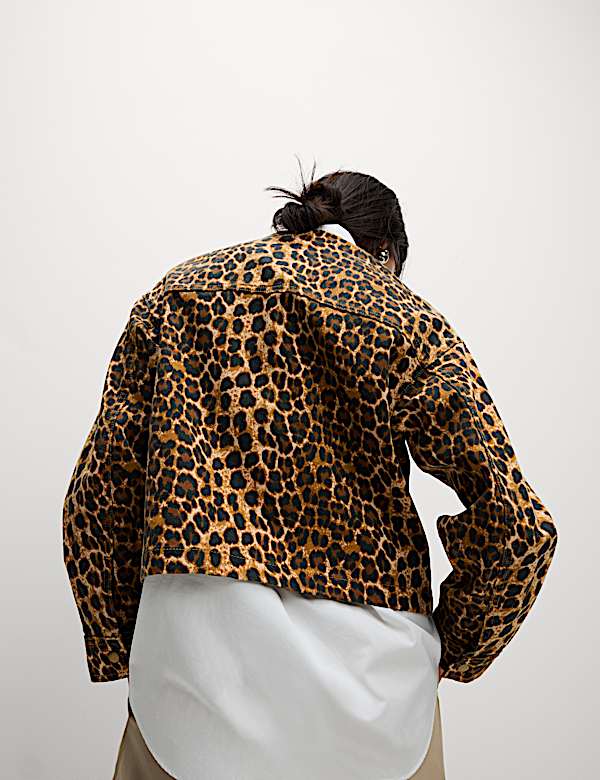 Denim Leopard Print Collarless Jacket - CZ